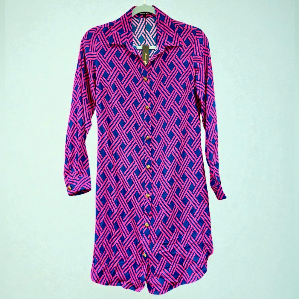 Lauren Gold 100% Silk Tunic Dress or Shirt XS Gold-Tone Buttons, 37”Length - NWT